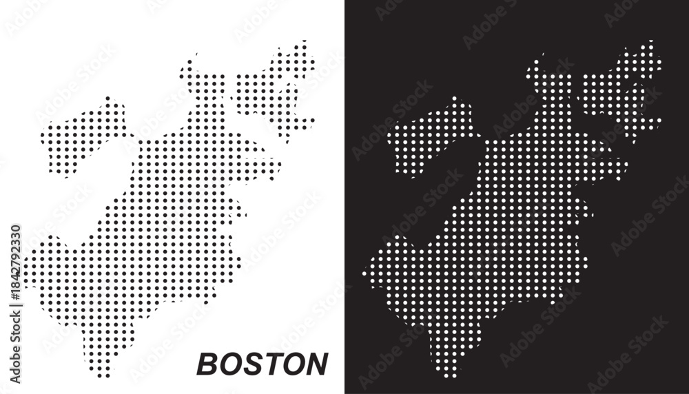 Obraz premium Boston Map Vector, Massachusetts City Dotted Pattern Black and White Shapes, Boston Infographic Template, Editable EPS Boston Geography
