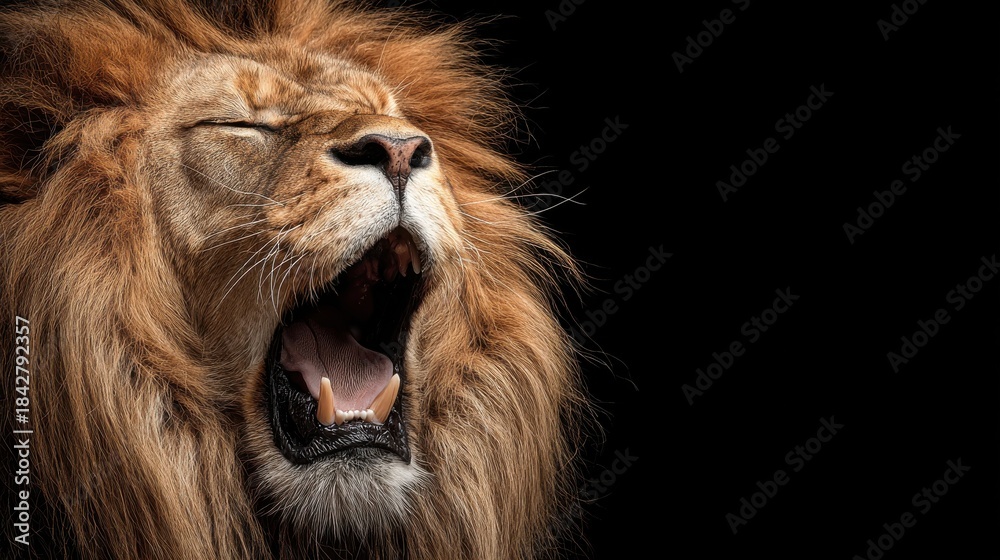 Naklejka premium A lion yawns widely showing teeth and mane in a dark setting. This moment captures the natural behavior of the animal at a wildlife sanctuary