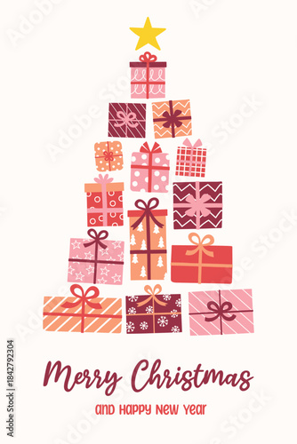 Christmas tree card with presents. Vector illustration