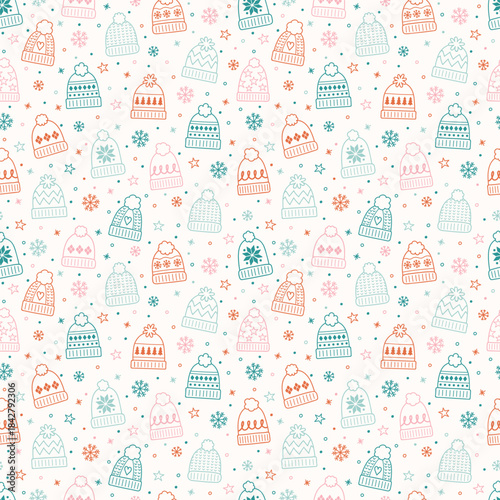 Colourful seamless pattern with cute hand drawn winter hats. Christmas background concept. Vector illustration