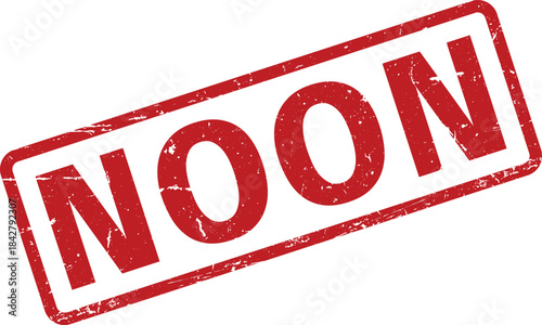 Distressed Red NOON Rubber Stamp Impression on White Background Showing Vintage Texture and Time