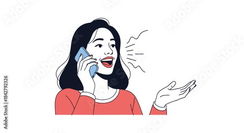 A young woman enthusiastically talks on her smartphone, expressing herself with gestures and vocalization, in a modern illustration.