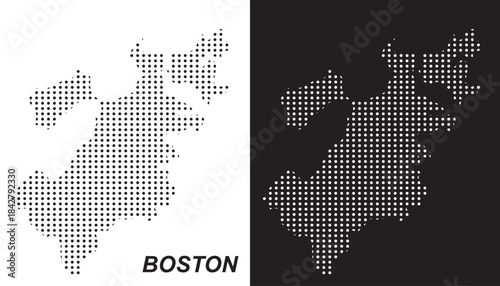 Boston Map Vector, Massachusetts City Dotted Pattern Black and White Shapes, Boston Infographic Template, Editable EPS Boston Geography