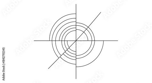 A minimalist abstrak design featuring concentric circles and intersecting lines in hitam putih colors, set against a clean white background with a simple graphic composition.