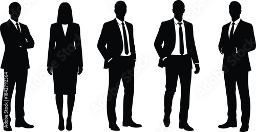 Silhouetted business professionals, corporate team diversity, formal attire, leadership concept, office people, teamwork, career success, professional group, white background
