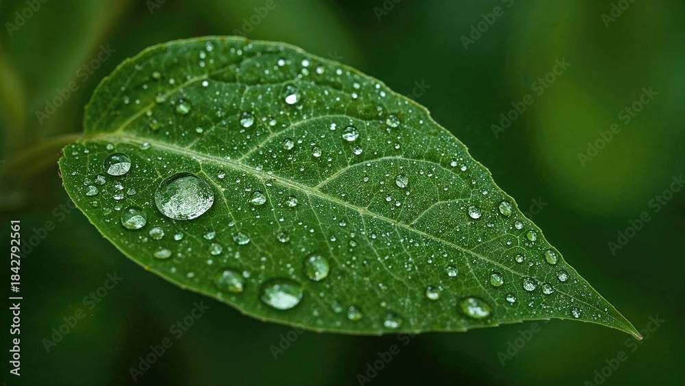 Fototapeta premium Green leaf with water droplets, nature, fresh, dew, plant, close-up, macro.