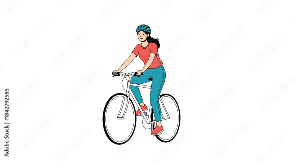 Obraz premium A cheerful young woman wearing a protective helmet and athletic gear cycles with a bright smile, symbolizing joy and fitness.