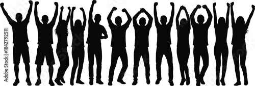 Silhouetted group celebration, people raising arms, unity and triumph pose, diverse figures, black vector icons, teamwork concept illustration