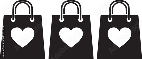 Three Shopping Bags with Hearts Icon Set for Valentines Day