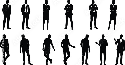 Silhouetted people collection, business and casual attire, diverse standing poses, formal and informal clothing, black vector icons, lifestyle concept
