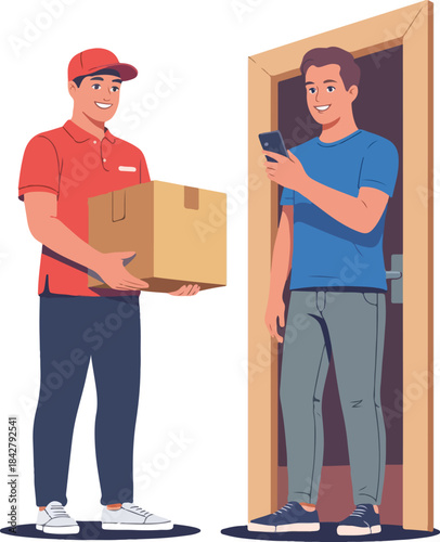 Delivery person handing package to man at doorway vector