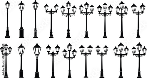 Vintage street lamps, silhouette design, ornate lamp posts, lantern styles, scrollwork poles, urban lighting, historical infrastructure, outdoor decor, classic elegance, architectural sketch
