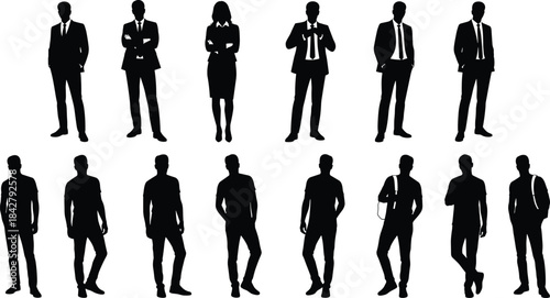 Silhouetted people collection, business and casual attire, diverse poses, formal and informal clothing, black vector icons, lifestyle illustration