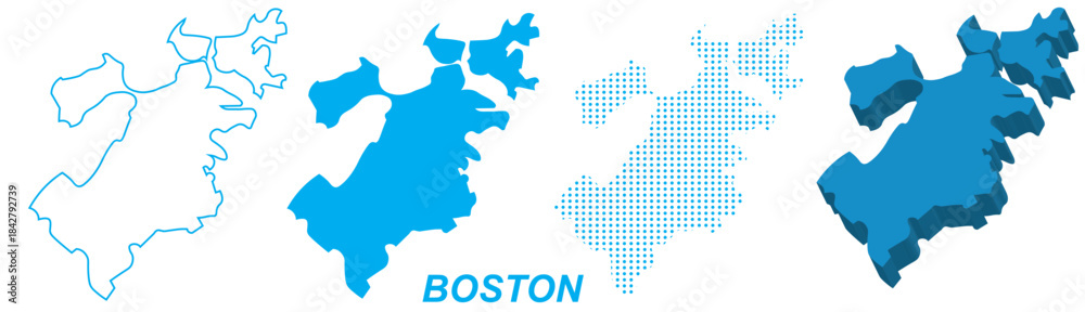 Obraz premium Boston Map Vector Set, Massachusetts Outline Silhouette Dotted 3D Solid Shapes, Boston City Infographic Template, Editable EPS Boston Geography