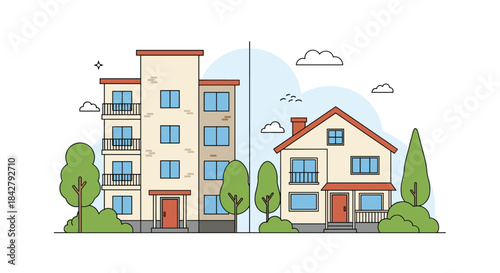 Illustration comparing an apartment building with multiple units and a single-family house, representing urban versus suburban living options.