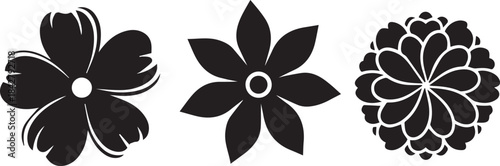 Three Unique Black Flower Silhouettes on Transparent Background