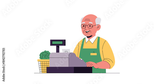A cheerful elderly male cashier wearing an apron is operating a cash register in a grocery store, with fresh produce in a basket nearby.