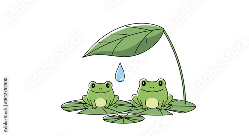 Two adorable cartoon frogs sit peacefully on lily pads under a large green leaf, catching a gentle raindrop.