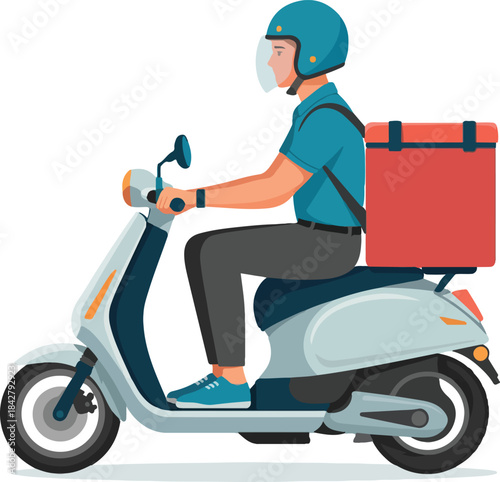 Delivery person riding a scooter with a red insulated box motorcycle