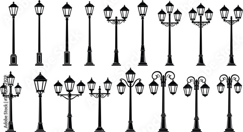 Vintage street lamps, silhouette design, ornate lamp posts, lantern styles, scrollwork poles, urban lighting, historical infrastructure, outdoor decor, classic elegance, architectural sketch