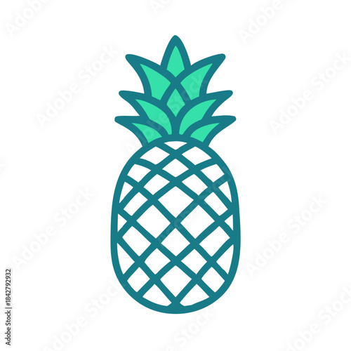 Stylized pineapple illustration with turquoise outline and green leaves on white background
