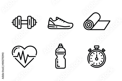 A set of line art icons representing fitness, health, and exercise activities