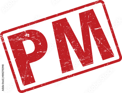 Red Distressed PM Stamp on White Background Grunge Effect and Vintage Texture