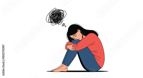 A young woman sits alone, curled up with her head down, a tangled thought bubble symbolizing mental stress, anxiety, and deep sadness.
