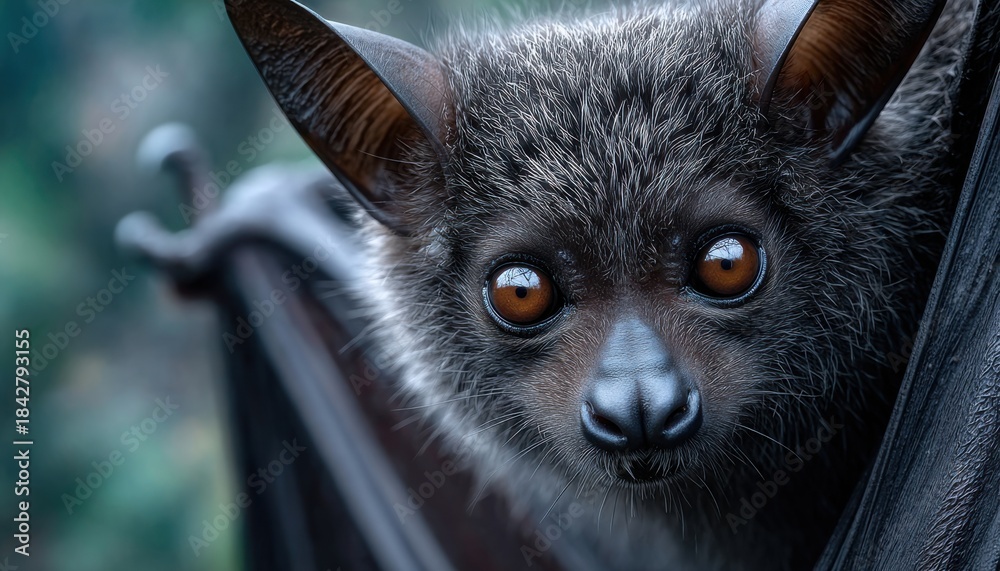 Fototapeta premium a close-up shot of the face and eyes of an alien bat, showing its unique features such as large brown or black wings