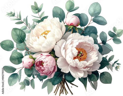 Beautiful arrangement of peonies and eucalyptus leaves in soft pastel colors showcasing floral elegance and grace
