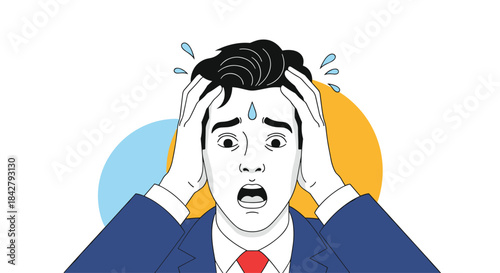 A man in a suit looks overwhelmed and stressed, holding his head in panic with sweat dripping, against a background of abstract shapes.