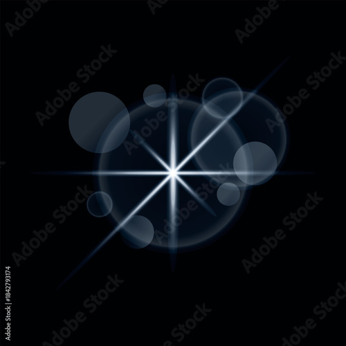 flash light star, flash lense, Sparkling star, vector glowing star light effect. Glitter magic star sparks, Flash light on black background.