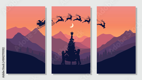 Simple flat vector mountains, landscape background, nature with Christmas silhouette