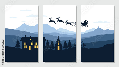 Simple flat vector mountains, landscape background, nature with Christmas silhouette