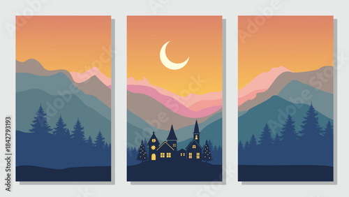 Simple mountain vector flat, landscape background, nature with night village silhouette