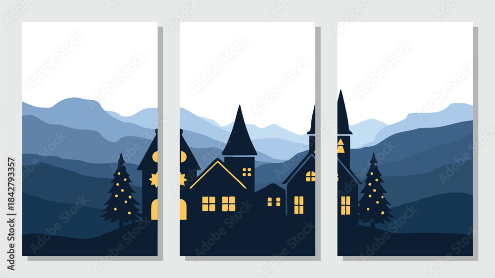 Naklejka premium Simple mountain vector flat, landscape background, nature with night village silhouette