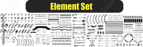 Collection of hand drawn black and white decorative elements including arrows banners feathers and floral dividers