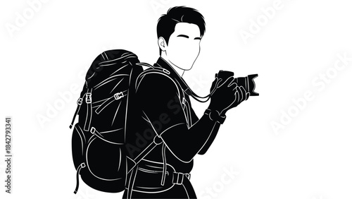 Silhouette of a photographer with a backpack and camera in hand