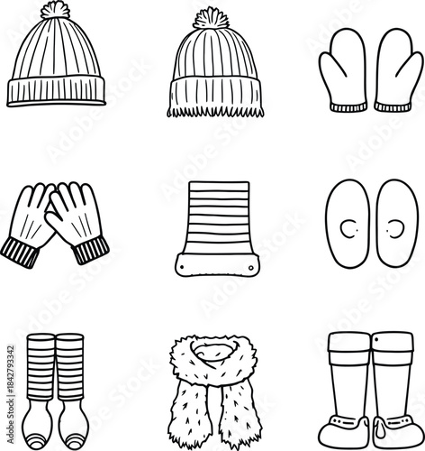 Monochrome Vector Illustration of Winter Accessories Depicted in Minimalist Silhouettes Featuring Hats, Mittens, Gloves, Scarves, Earmuffs, Socks, and Boots to Represent Seasonal Warmth, Cold Weather 