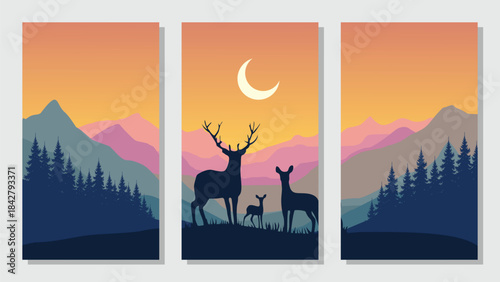Simple flat vector mountain landscape background, nature with deer silhouette