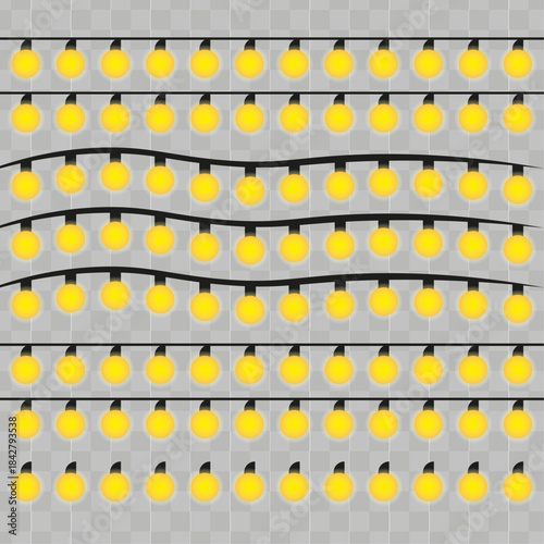 Vector Christmas lights on a transparent background. Christmas light PNG. Set of Christmas glowing garlands. For advertising invitations, web banners, postcards. Vector. Christmas decoration, LED lam