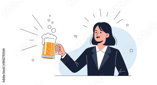 A smiling professional woman in a suit raises a frothy mug of beer, celebrating success or enjoying a relaxed moment after work.