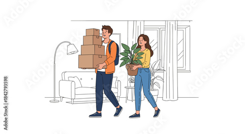 A happy young couple carries moving boxes and a potted plant as they relocate into their new apartment or house.