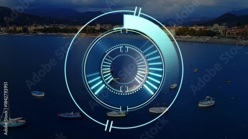 Cyan HUD emerging over harbor, drawing rings and wedge, scanning bars, aligning and marking boat