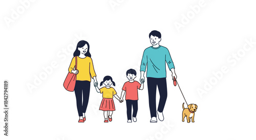 A happy family with a mother, father, two children, and their pet dog enjoys a pleasant walk together, showing togetherness and love.