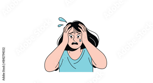 A stressed young woman holds her head in her hands, depicting feelings of panic, anxiety, and overwhelming worry.