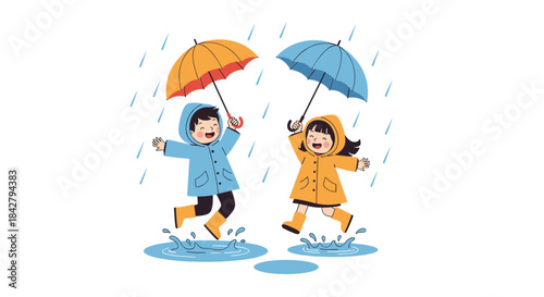 Happy children wearing colorful rain gear and holding umbrellas are having fun splashing in puddles.