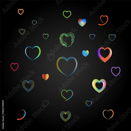 Vibrant Multicolored Heart Shapes on Black Background