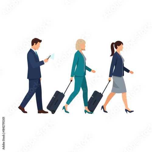 Travelers with rolling suitcases walking together.