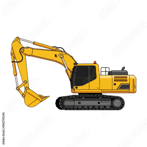 Yellow Excavator On Tracks At Work.